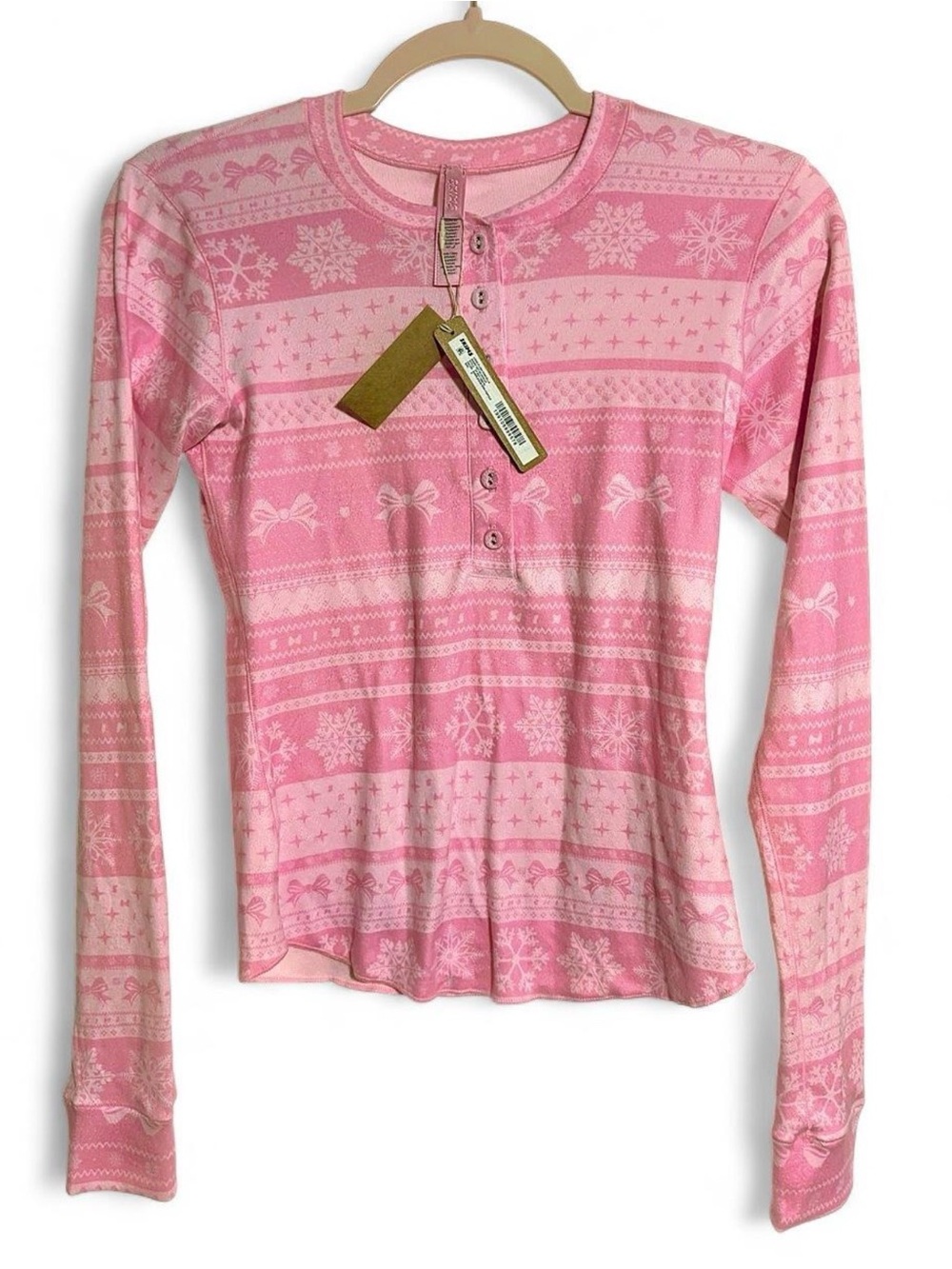 SKIMS Pink Fair Isle Henley Long Sleeve Top - Bow & Snowflake Knit
